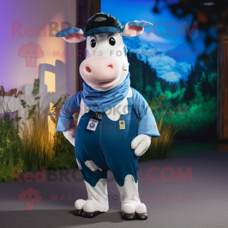 Blue Holstein cow mascot costume character dressed with Cargo Pants and Headbands