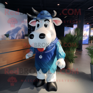 Blue Holstein cow mascot costume character dressed with Cargo Pants and Headbands