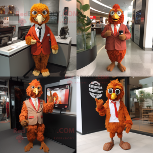 Personnage de costume de mascotte de poulet frit rouille habillé avec une veste de costume et des porte-clés