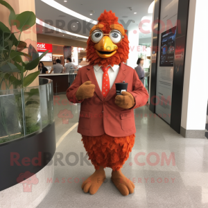 Kostýmová postava maskota Rust Fried Chicken oblečená s bundou a klíčenkami