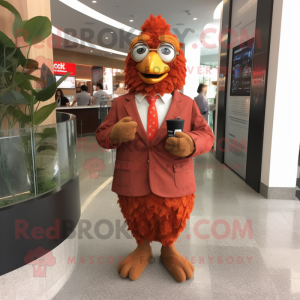 Rust Fried Chicken mascot costume character dressed with Suit Jacket and Keychains