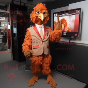 Rust Fried Chicken mascot costume character dressed with Suit Jacket and Keychains