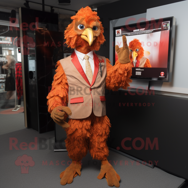Rust Fried Chicken mascot costume character dressed with Suit Jacket and Keychains