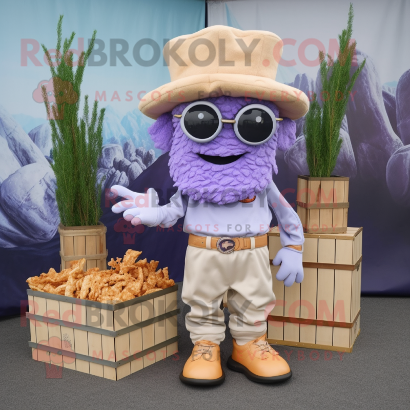 Lavender Fried Calamari mascot costume character dressed with Cargo Shorts and Hats