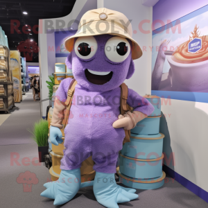 Lavender Fried Calamari mascot costume character dressed with Cargo Shorts and Hats