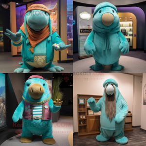 Turquoise Walrus mascot costume character dressed with Cardigan and Beanies