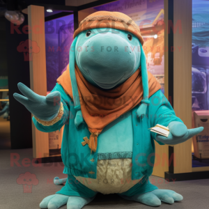 Turquoise Walrus mascot costume character dressed with Cardigan and Beanies