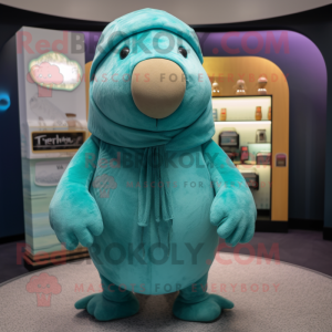 Turquoise Walrus mascot costume character dressed with Cardigan and Beanies