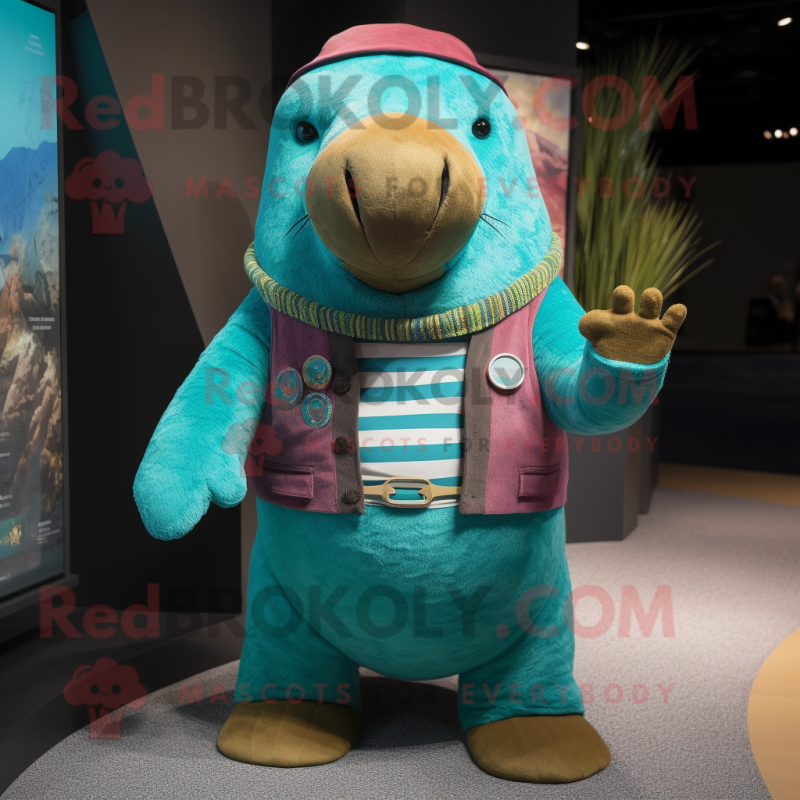 Turquoise Walrus mascot costume character dressed with Cardigan and Beanies