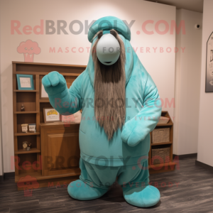 Personnage de costume de mascotte de morse turquoise habillé d'un cardigan et de bonnets