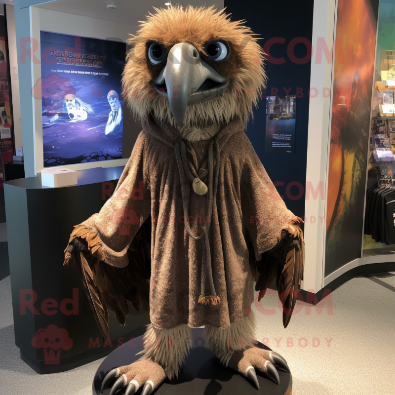 Brown Vulture mascot costume character dressed with Graphic Tee and Shawl pins Brown Vulture mascot costume character dressed with Graphic Tee and Shawl pins