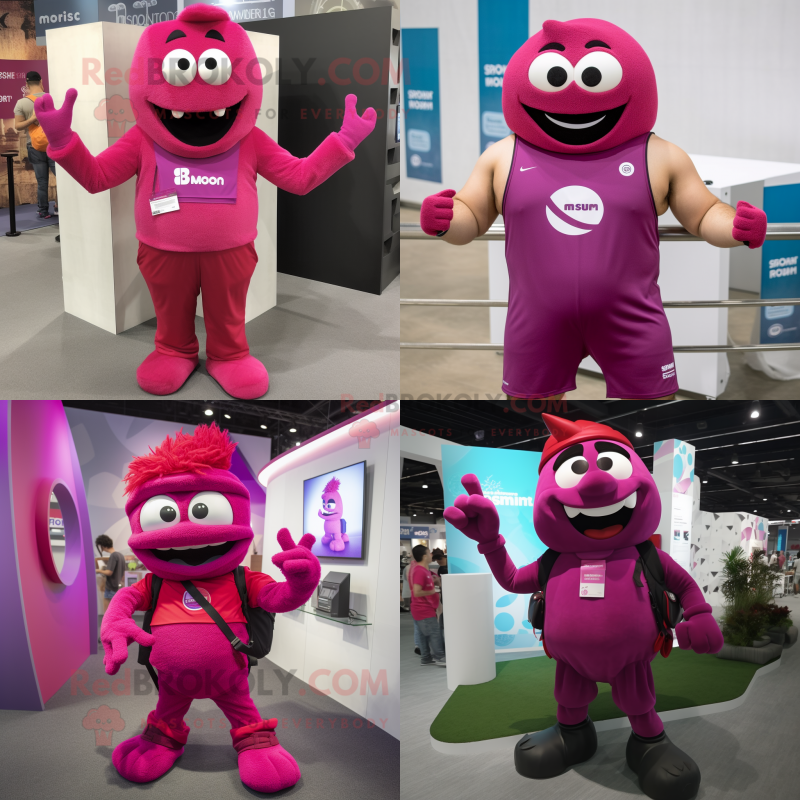 Magenta But mascot costume character dressed with Tank Top and Suspenders Magenta But mascot costume character dressed with Tank Top and Suspenders