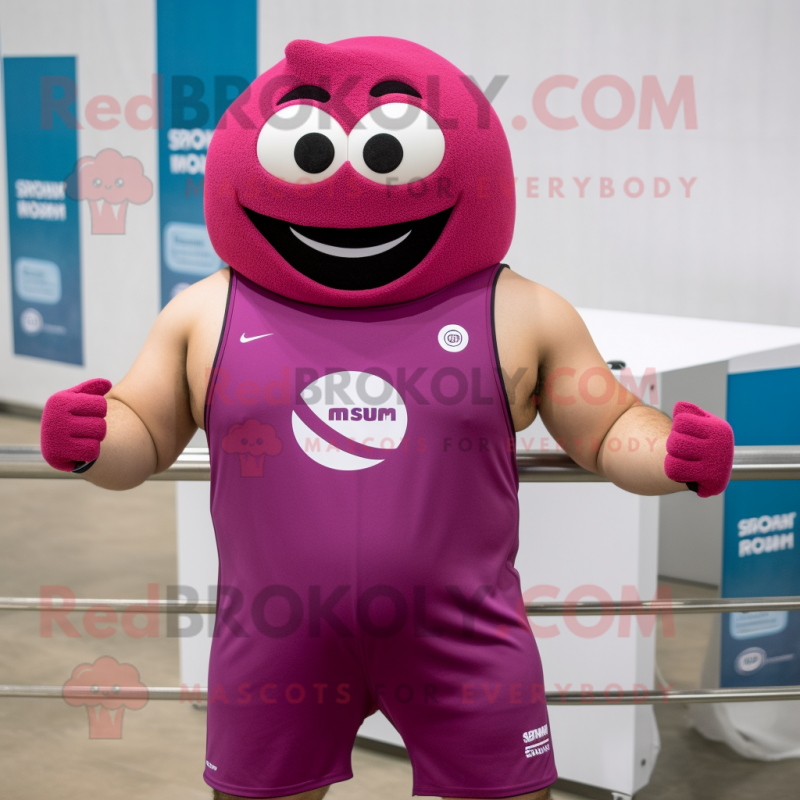 Magenta But mascot costume character dressed with Tank Top and Suspenders Magenta But mascot costume character dressed with Tank Top and Suspenders