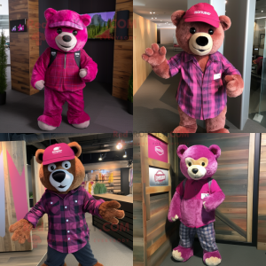 Magenta Teddy bear mascot costume character dressed with Flannel Shirt and Caps