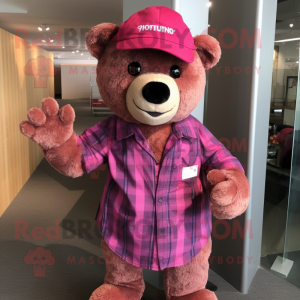 Magenta Teddy bear mascot costume character dressed with Flannel Shirt and Caps