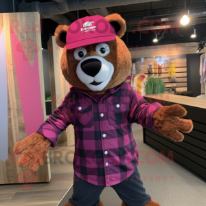 Magenta Teddy bear mascot costume character dressed with Flannel Shirt and Caps