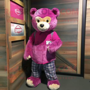 Magenta Teddy bear mascot costume character dressed with Flannel Shirt and Caps