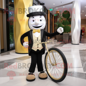 Mascotte de personnage de monocycliste beige habillé avec smoking et casquettes