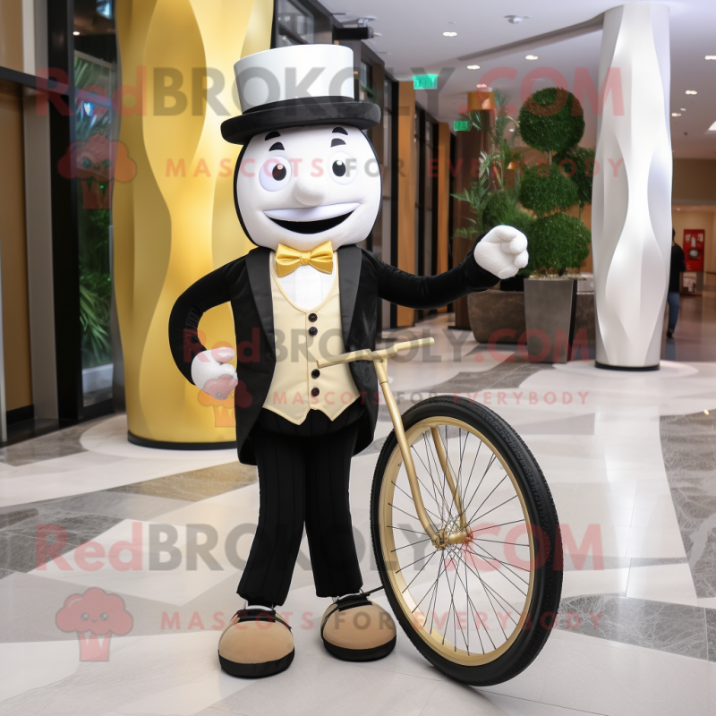 Beige unicyclist mascot costume character dressed with Tuxedo and Caps