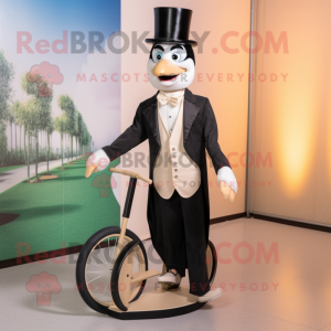 Beige unicyclist mascot costume character dressed with Tuxedo and Caps