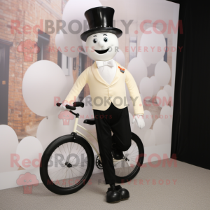 Mascotte de personnage de monocycliste beige habillé avec smoking et casquettes