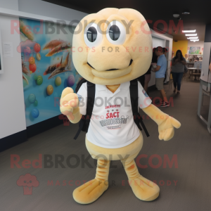 Cream Shrimp Scampi mascot costume character dressed with Button-Up Shirt and Backpacks
