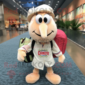 Cream Shrimp Scampi mascot costume character dressed with Button-Up Shirt and Backpacks
