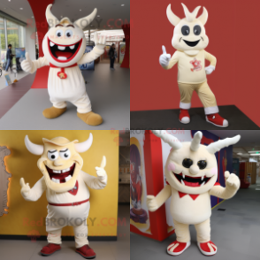 Cream Devil mascot costume character dressed with Bootcut Jeans and Shoe laces