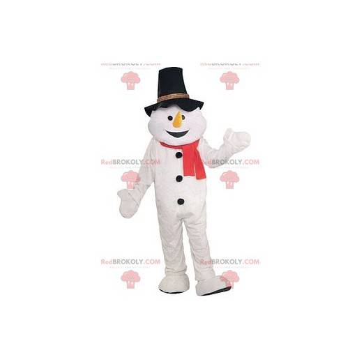 Mascotte de bonhomme de neige avec un chapeau noir -