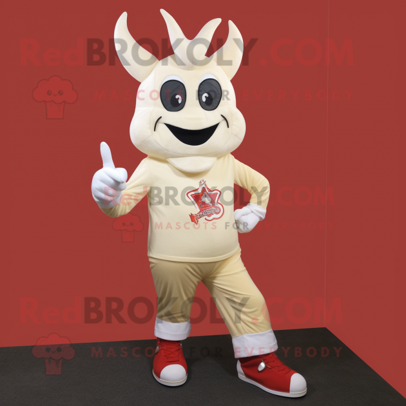 Cream Devil mascot costume character dressed with Bootcut Jeans and Shoe laces Cream Devil mascot costume character dressed with Bootcut Jeans and Shoe laces