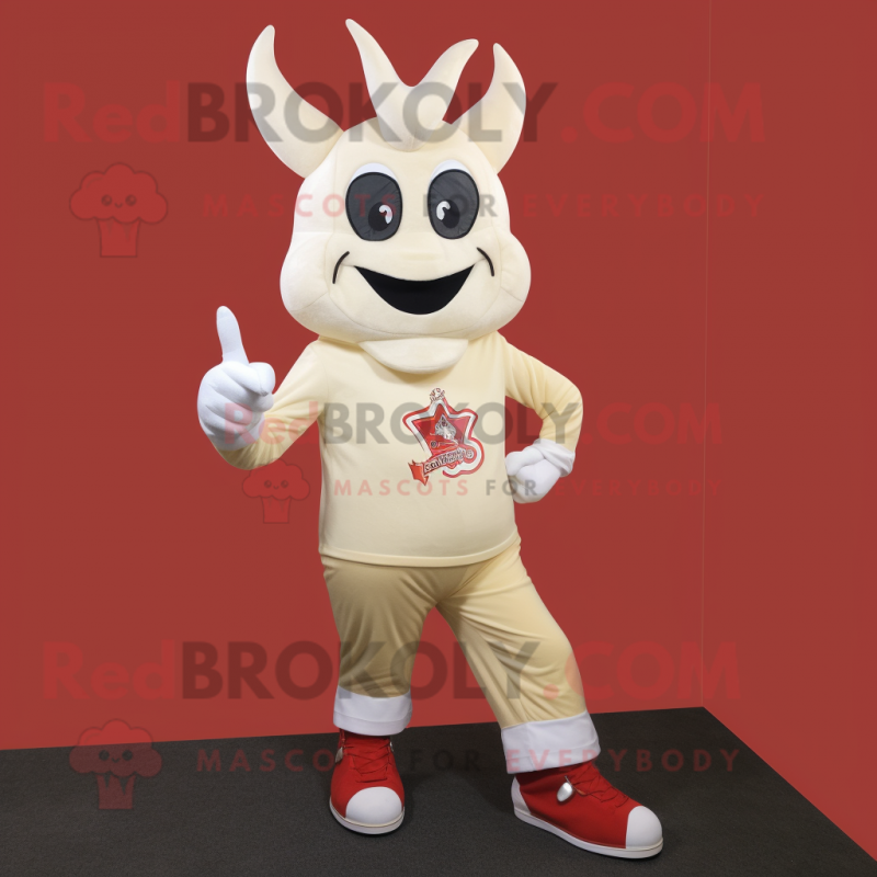 Cream Devil mascot costume character dressed with Bootcut Jeans and Shoe laces