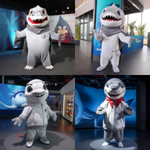 Silver Shark mascot costume character dressed with Sweatshirt and Shawls