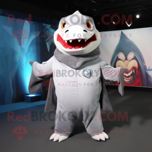 Silver Shark mascot costume character dressed with Sweatshirt and Shawls