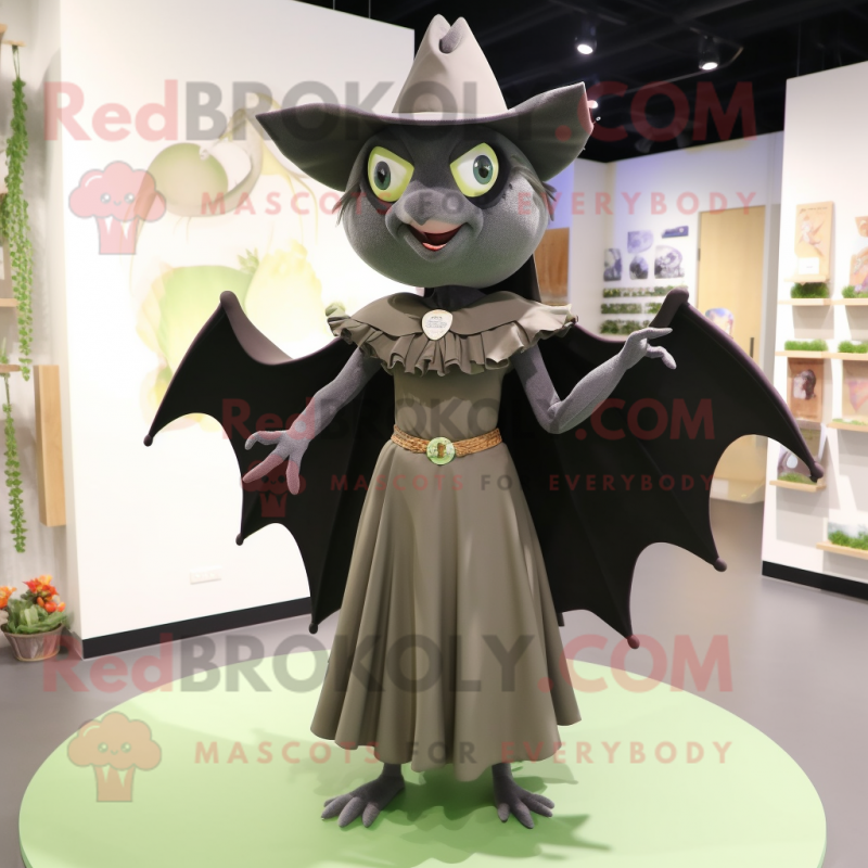Olive Bat mascot costume character dressed with Maxi Skirt and Hat pins Olive Bat mascot costume character dressed with Maxi Skirt and Hat pins