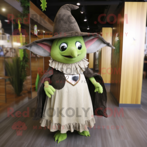 Olive Bat mascot costume character dressed with Maxi Skirt and Hat pins
