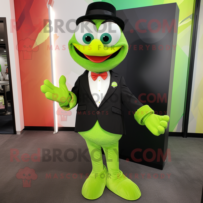 Lime Green Alliance mascot costume character dressed with Tuxedo and Foot pads Lime Green Alliance mascot costume character dressed with Tuxedo and Foot pads