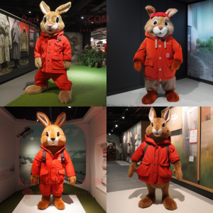 Red wild rabbit mascot costume character dressed with Parka and Shoe laces