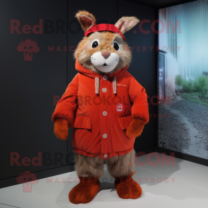 Red wild rabbit mascot costume character dressed with Parka and Shoe laces