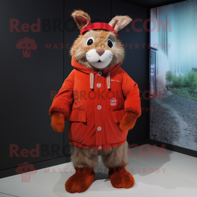 Red wild rabbit mascot costume character dressed with Parka and Shoe laces