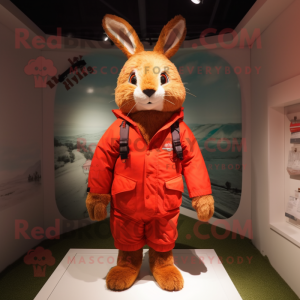 Red wild rabbit mascot costume character dressed with Parka and Shoe laces