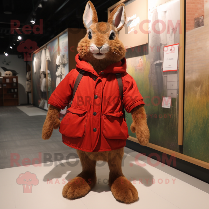 Red wild rabbit mascot costume character dressed with Parka and Shoe laces