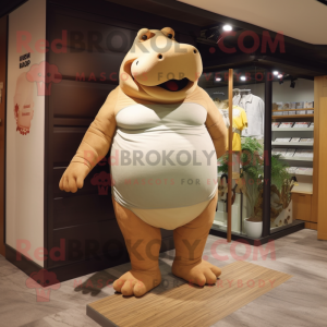 Tan Hippopotamus mascot costume character dressed with One-Piece Swimsuit and Belts