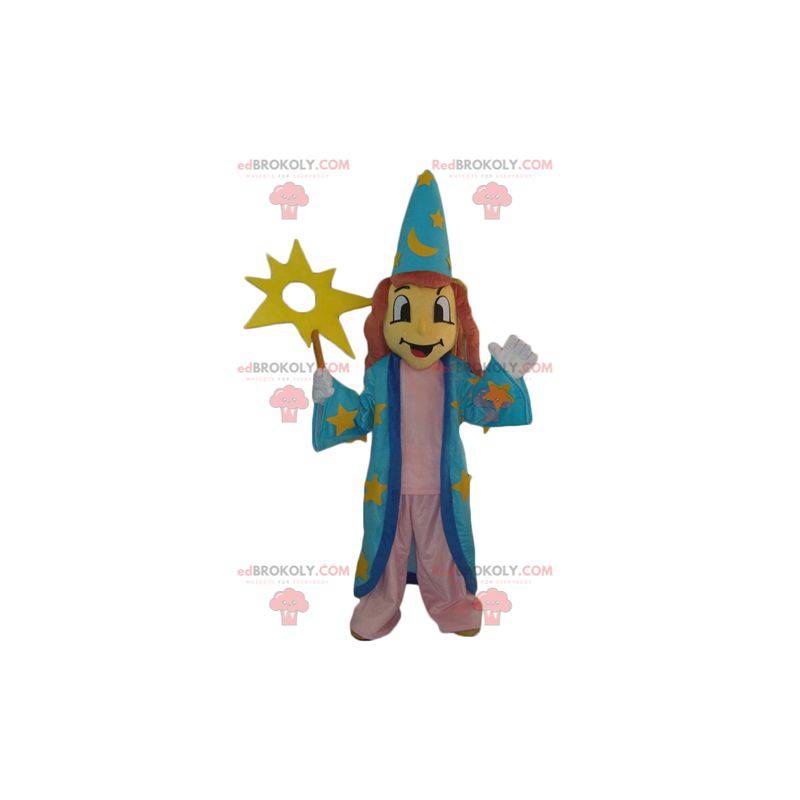 Mascotte de magicienne de sorcière avec une robe bleue -