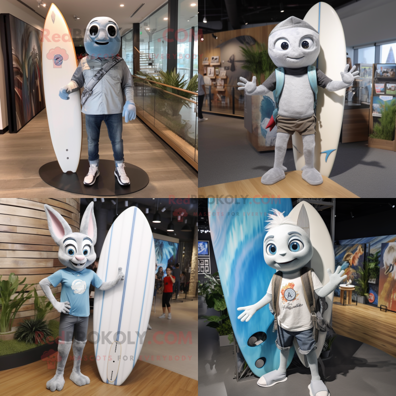 Silver Surfboard mascot costume character dressed with Boyfriend Jeans and Backpacks