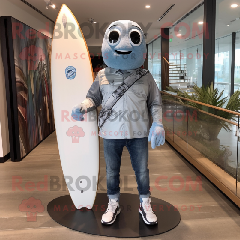 Silver Surfboard mascot costume character dressed with Boyfriend Jeans and Backpacks