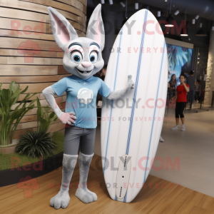 Silver Surfboard mascot costume character dressed with Boyfriend Jeans and Backpacks