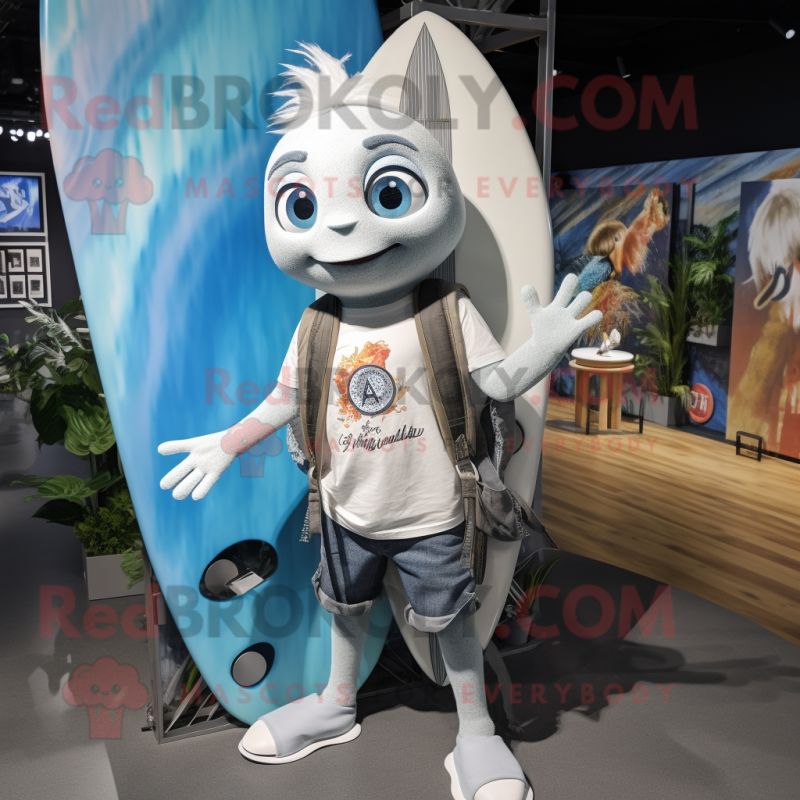 Silver Surfboard mascot costume character dressed with Boyfriend Jeans and Backpacks