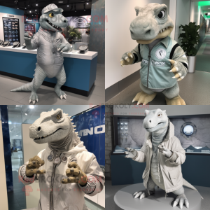 Silver Iguanodon mascot costume character dressed with Parka and Bracelet watches