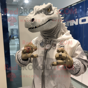 Silver Iguanodon mascot costume character dressed with Parka and Bracelet watches