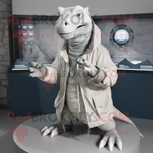 Silver Iguanodon mascot costume character dressed with Parka and Bracelet watches
